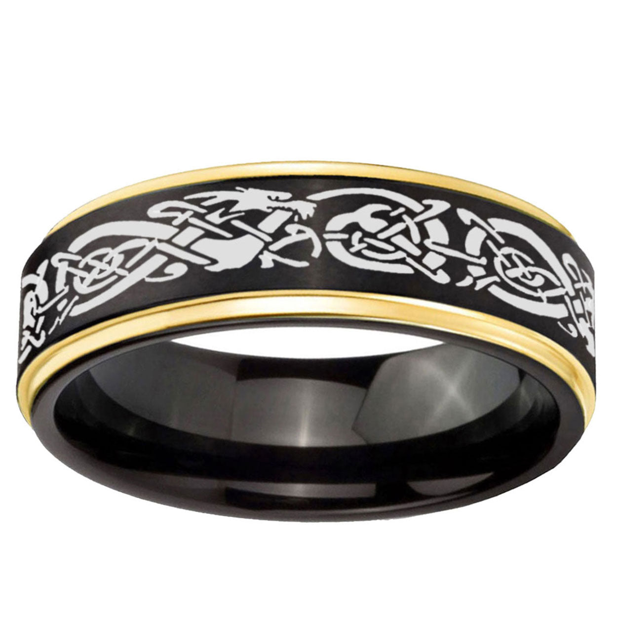 6mm Celtic Dragon Gold Step Edge Black Tungsten Mens Ring