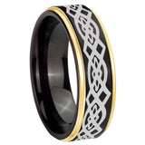 6, 8mm Celtic Knot Gold Step Edge Black Tungsten Carbide Wedding Band Men's