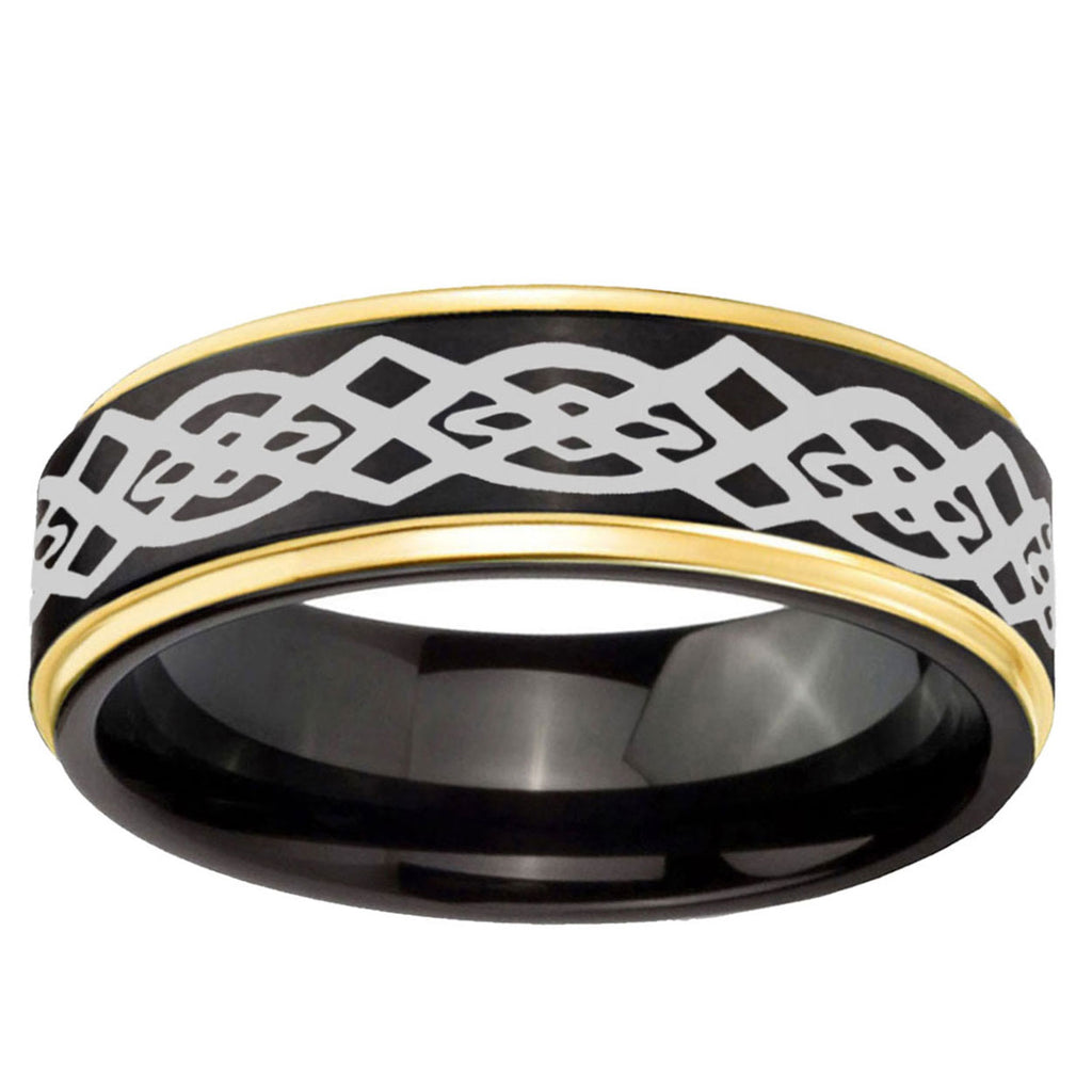 6mm Celtic Knot Gold Step Edge Black Tungsten Wedding Band