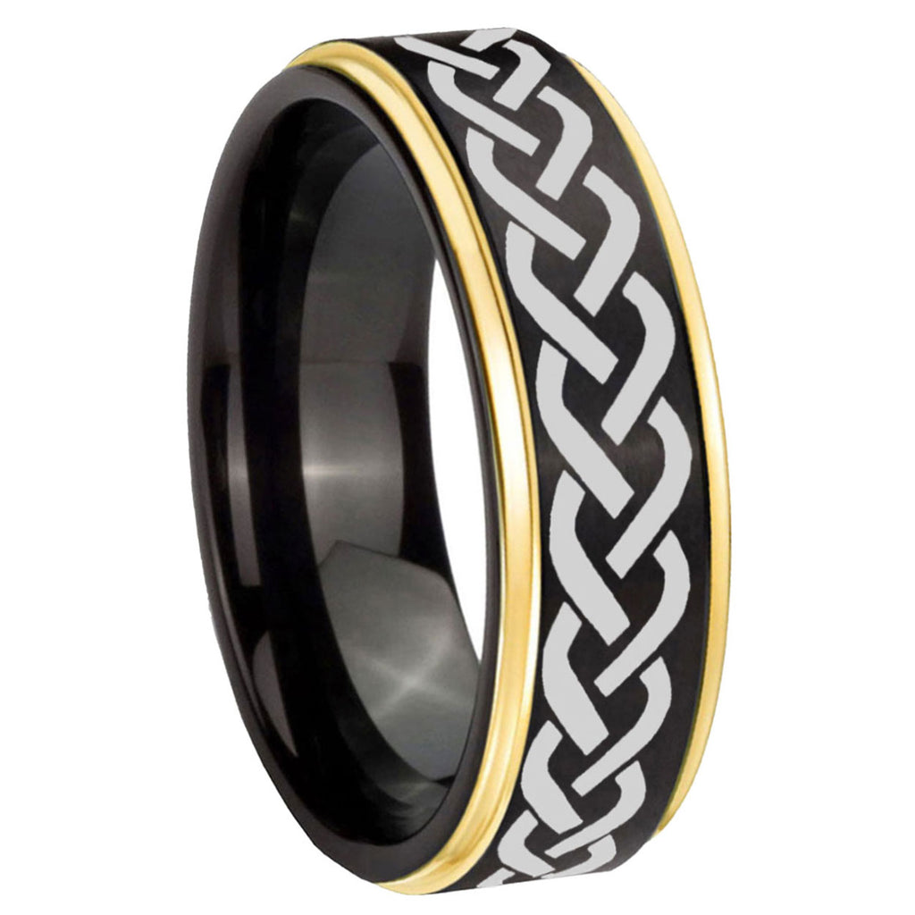 10mm Laser Celtic Knot Gold Step Edges Black Tungsten Carbide Wedding Ring