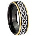 10mm Laser Celtic Knot Gold Step Edges Black Tungsten Carbide Wedding Ring