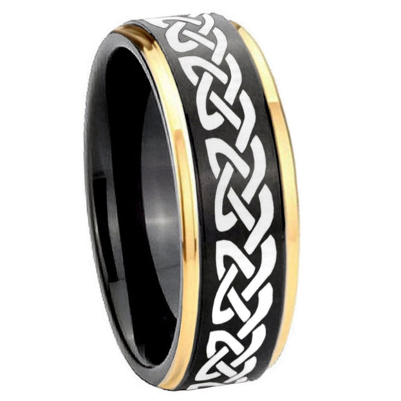 10mm-Celtic-Knot-Love-Gold-Step-Edges-Black-Tungsten-Carbide-Wedding-Ring