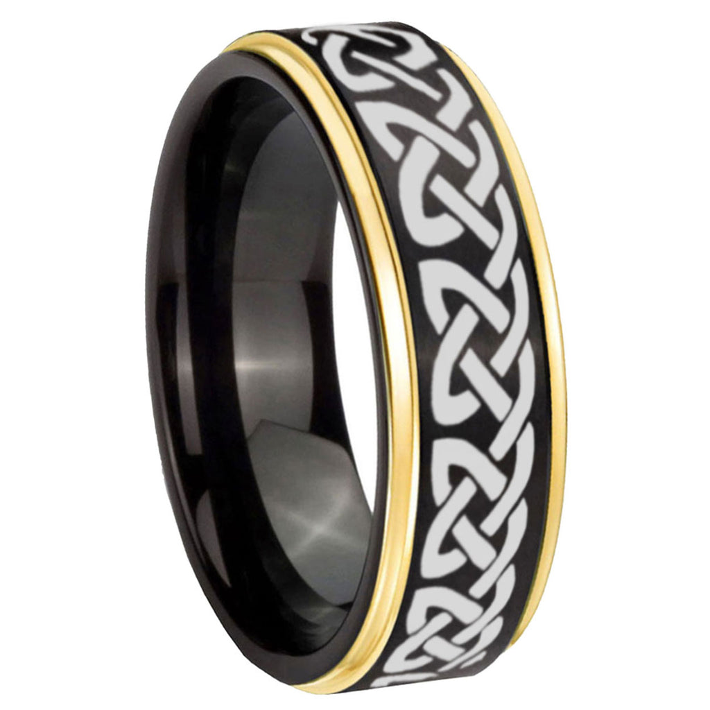 10mm Celtic Knot Love Gold Step Edges Black Tungsten Carbide Wedding Ring