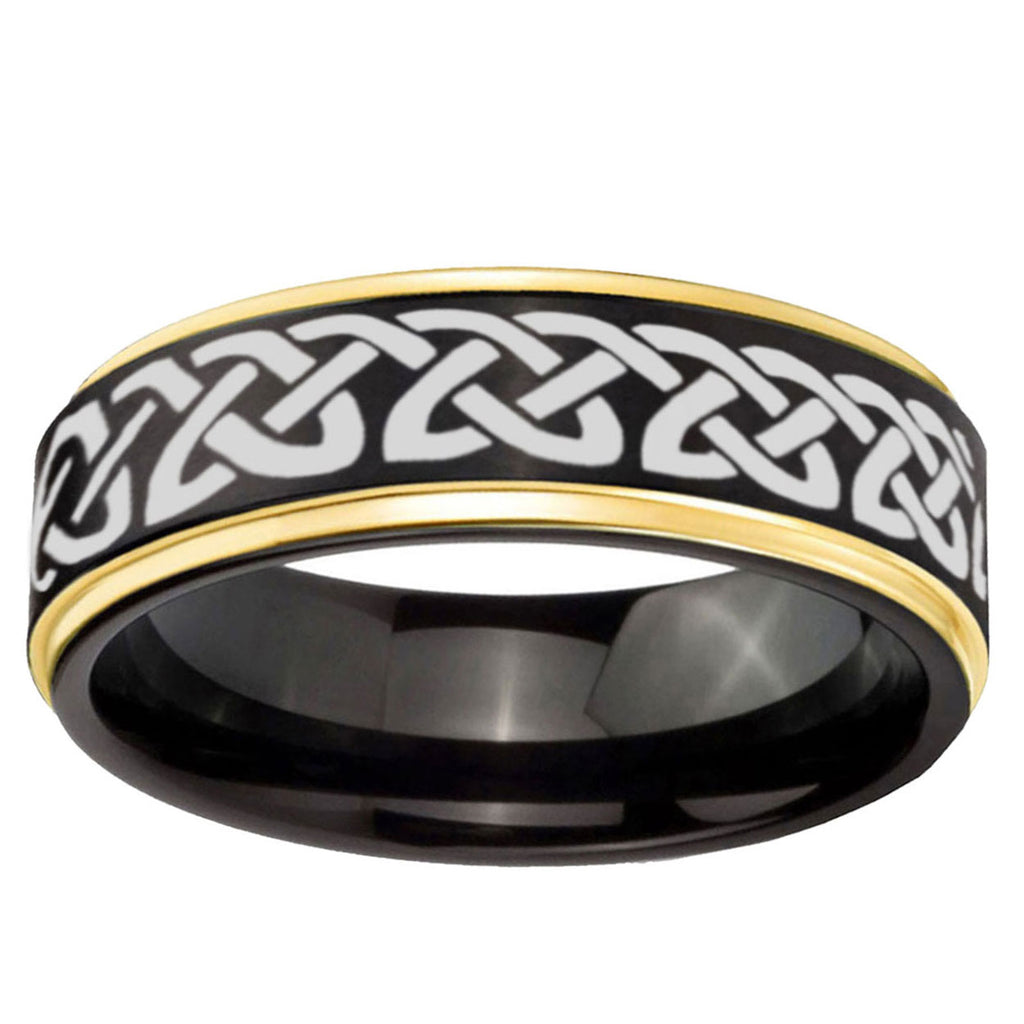 6mm Celtic Knot Love Gold Step Edge Black Tungsten Ring