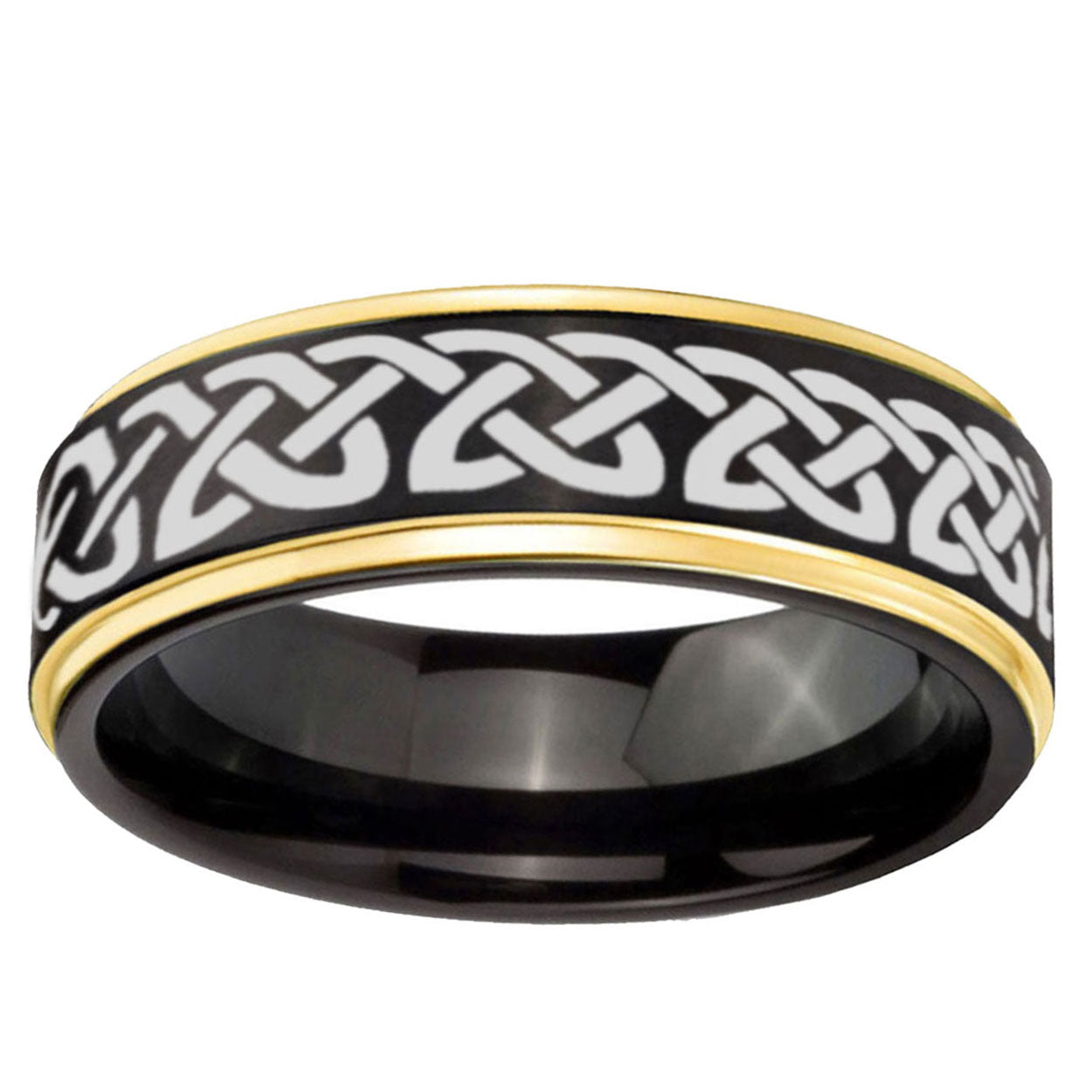 6mm Celtic Knot Love Gold Step Edge Black Tungsten Ring