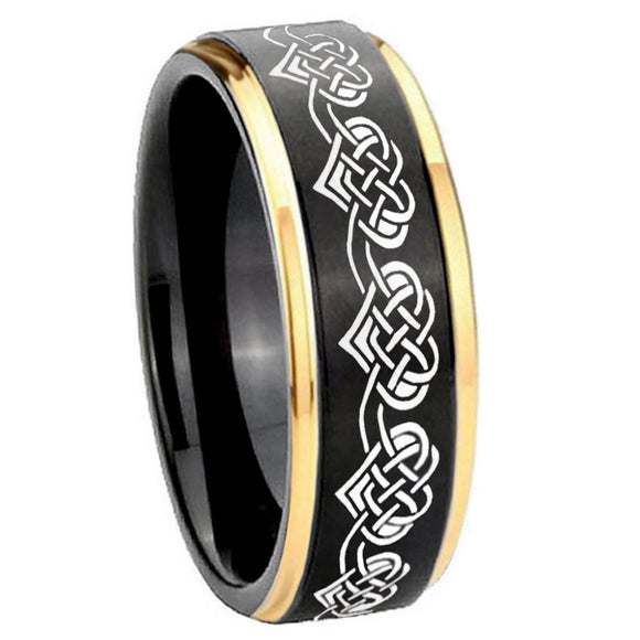 10mm-Celtic-Knot-Heart-Gold-Step-Edges-Black-Tungsten-Carbide-Wedding-Ring