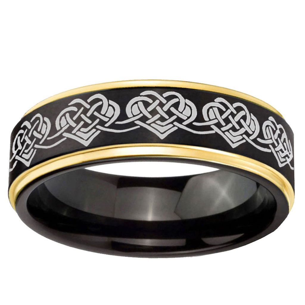 10mm Celtic Knot Heart Gold Step Edge Black Tungsten Carbide Wedding Ring