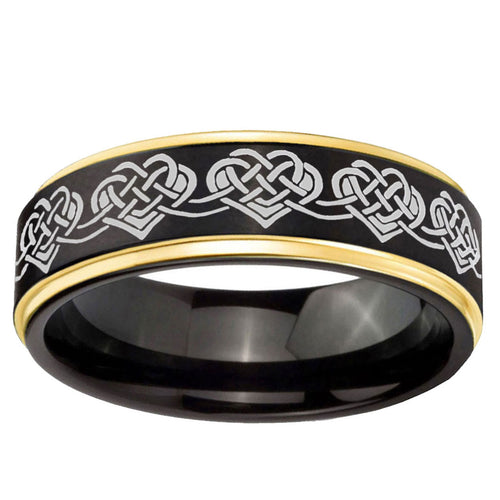 10mm Celtic Knot Heart Gold Step Edge Black Tungsten Carbide Wedding Ring