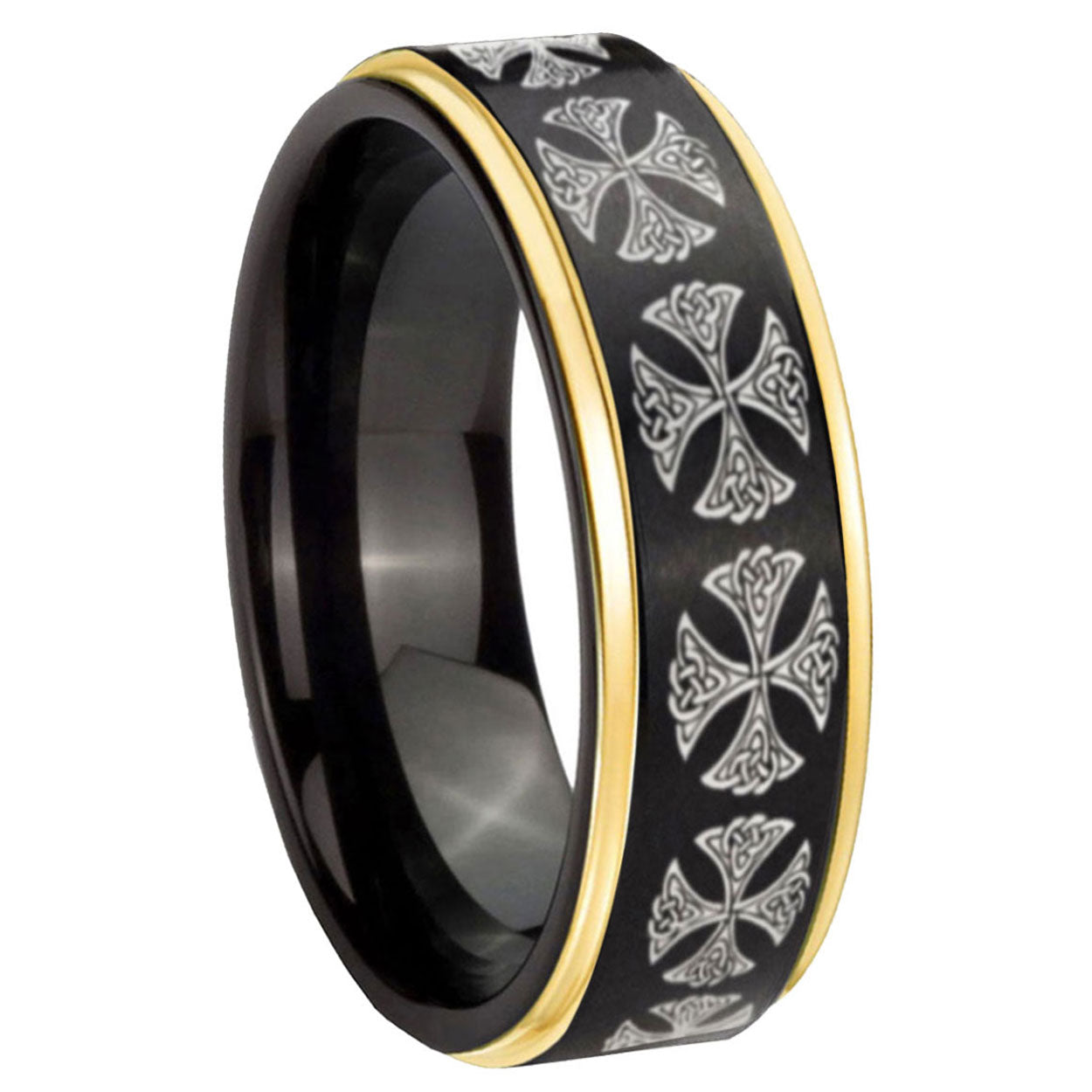 8mm Medieval Cross Gold Step Edge Black Tungsten Men's Band