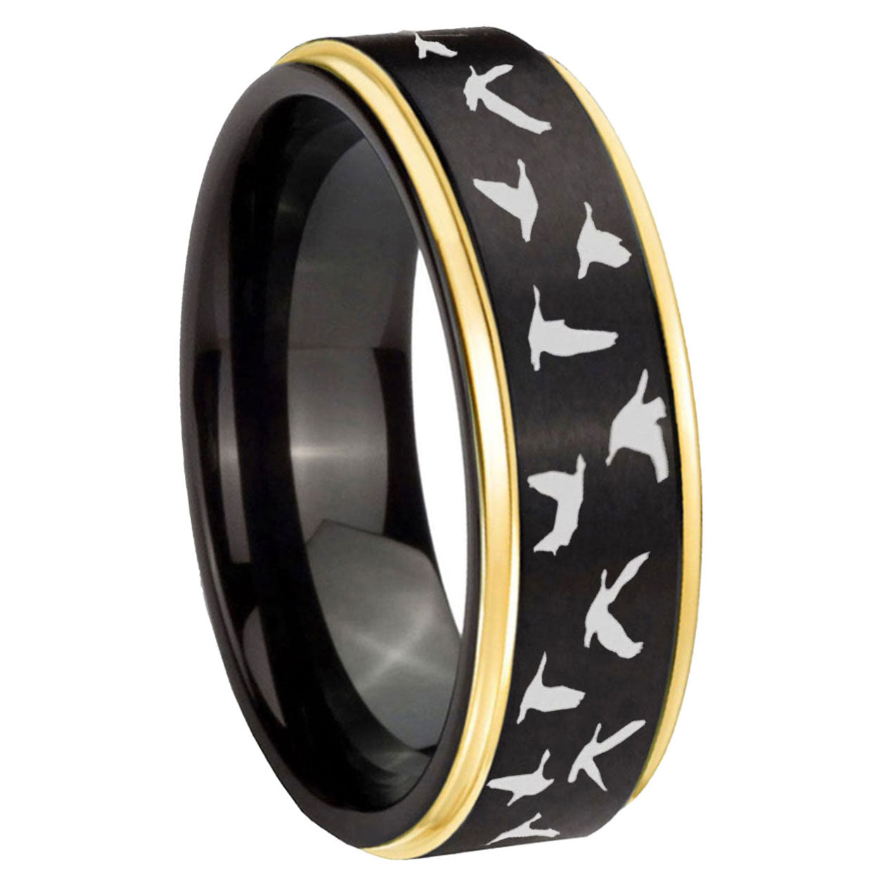 10mm Flying Geese Hunting Gold Step Edges Brushed Tungsten Carbide Mens Promise Ring