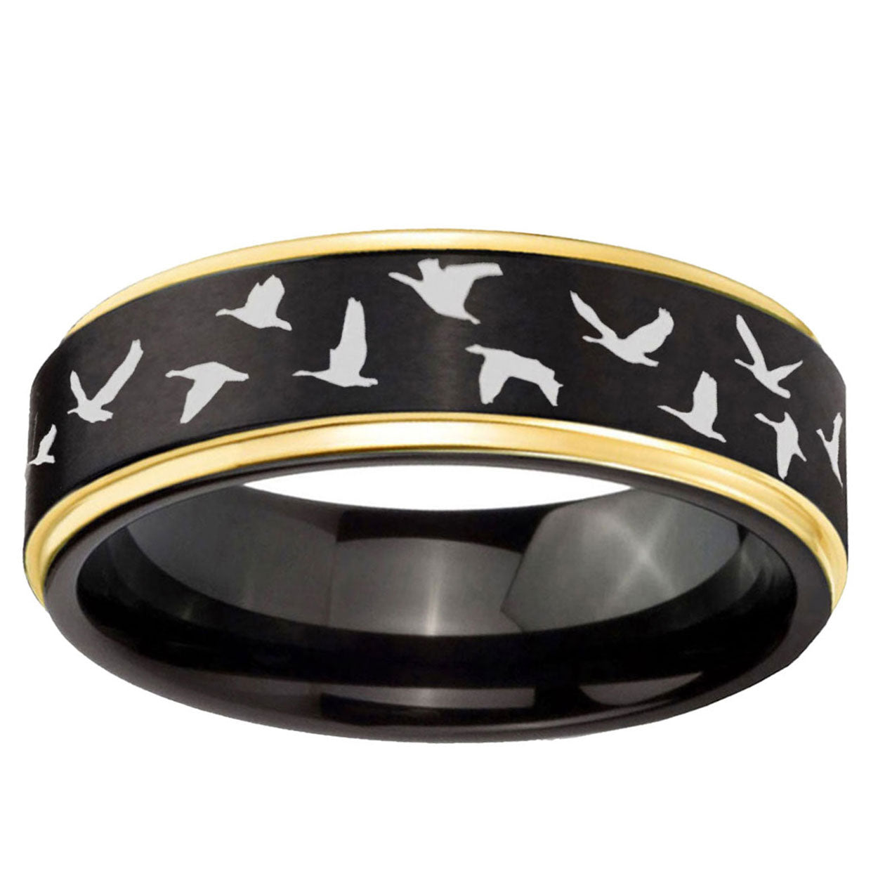6mm Flying Geese Hunting Gold Step Edge Black Tungsten Ring