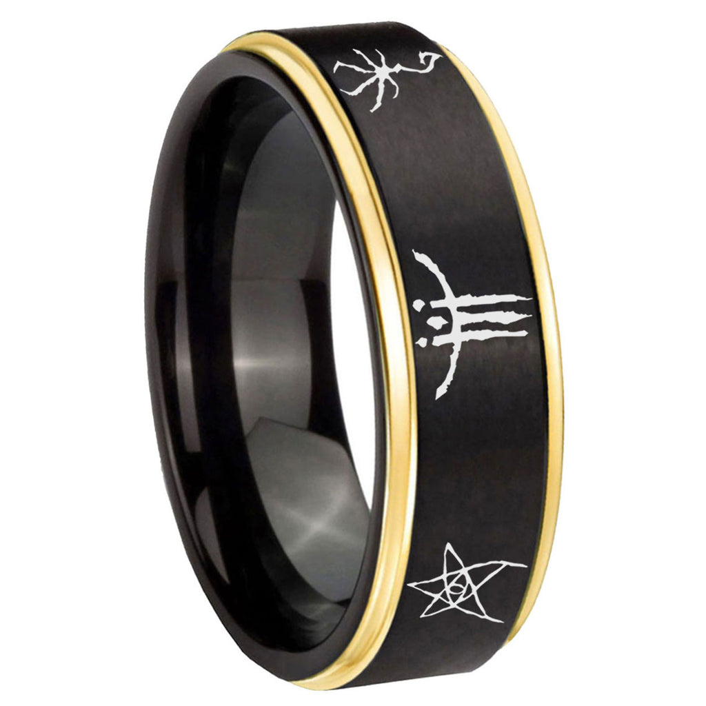 8mm Blackborne Caryll Runes Gold Step Edge Black Tungsten Ring