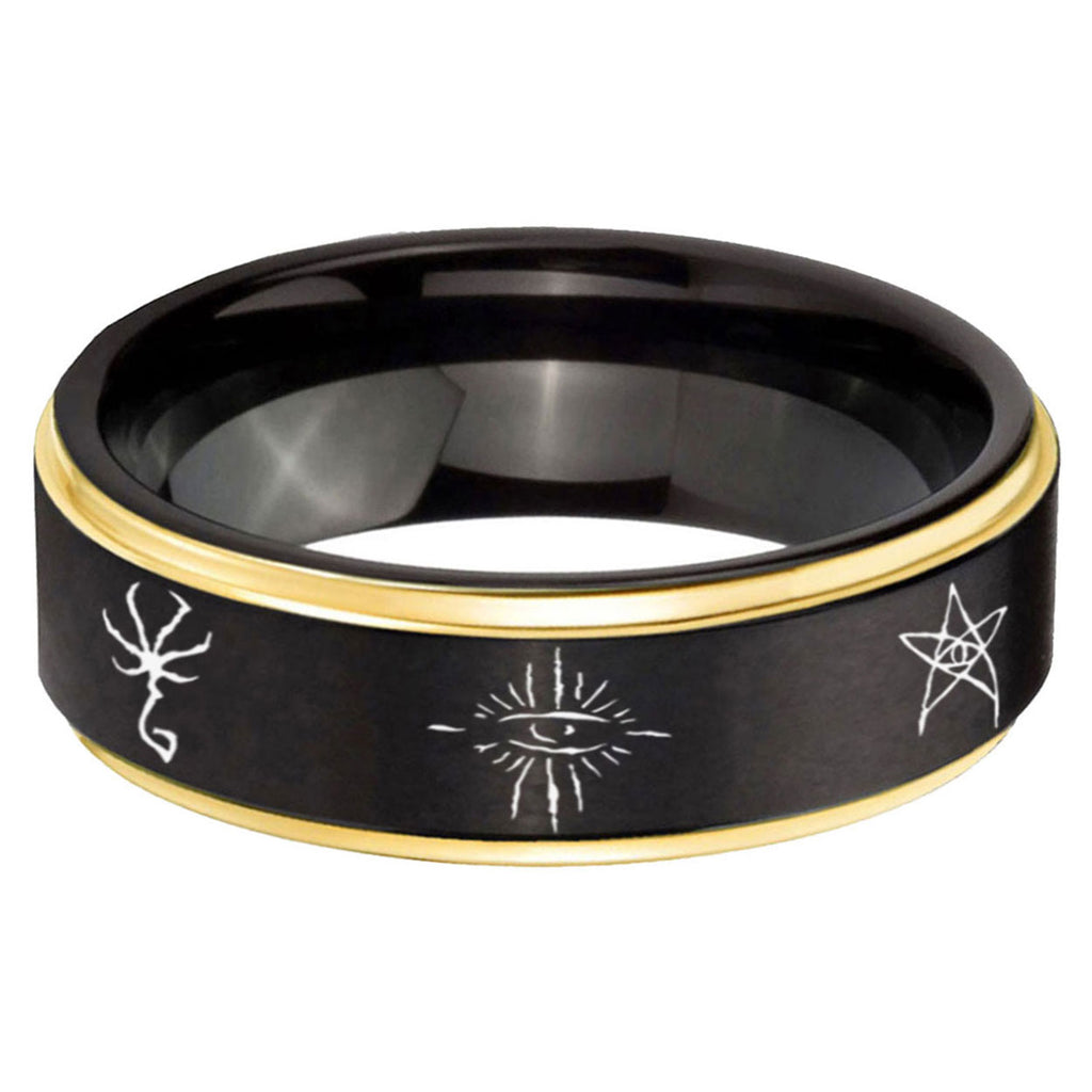 6mm Blackborne Caryll Runes Gold Step Edge Black Tungsten Ring