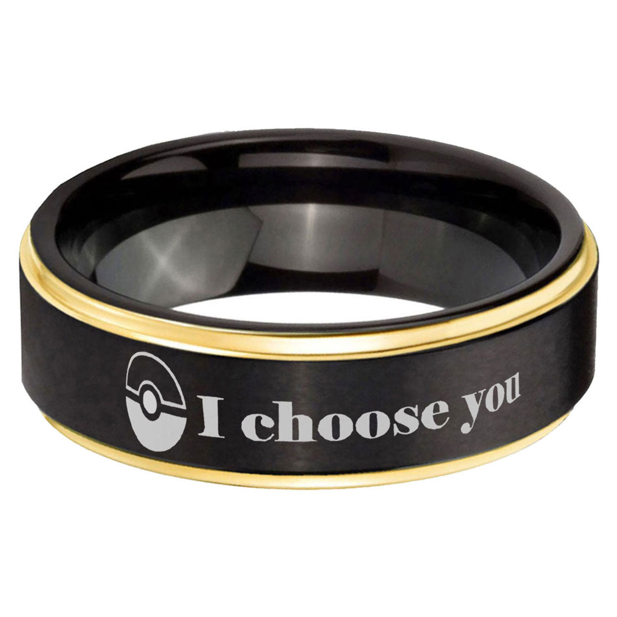 6mm Pokeball Pokemon Gold Step Edge Black Tungsten Ring