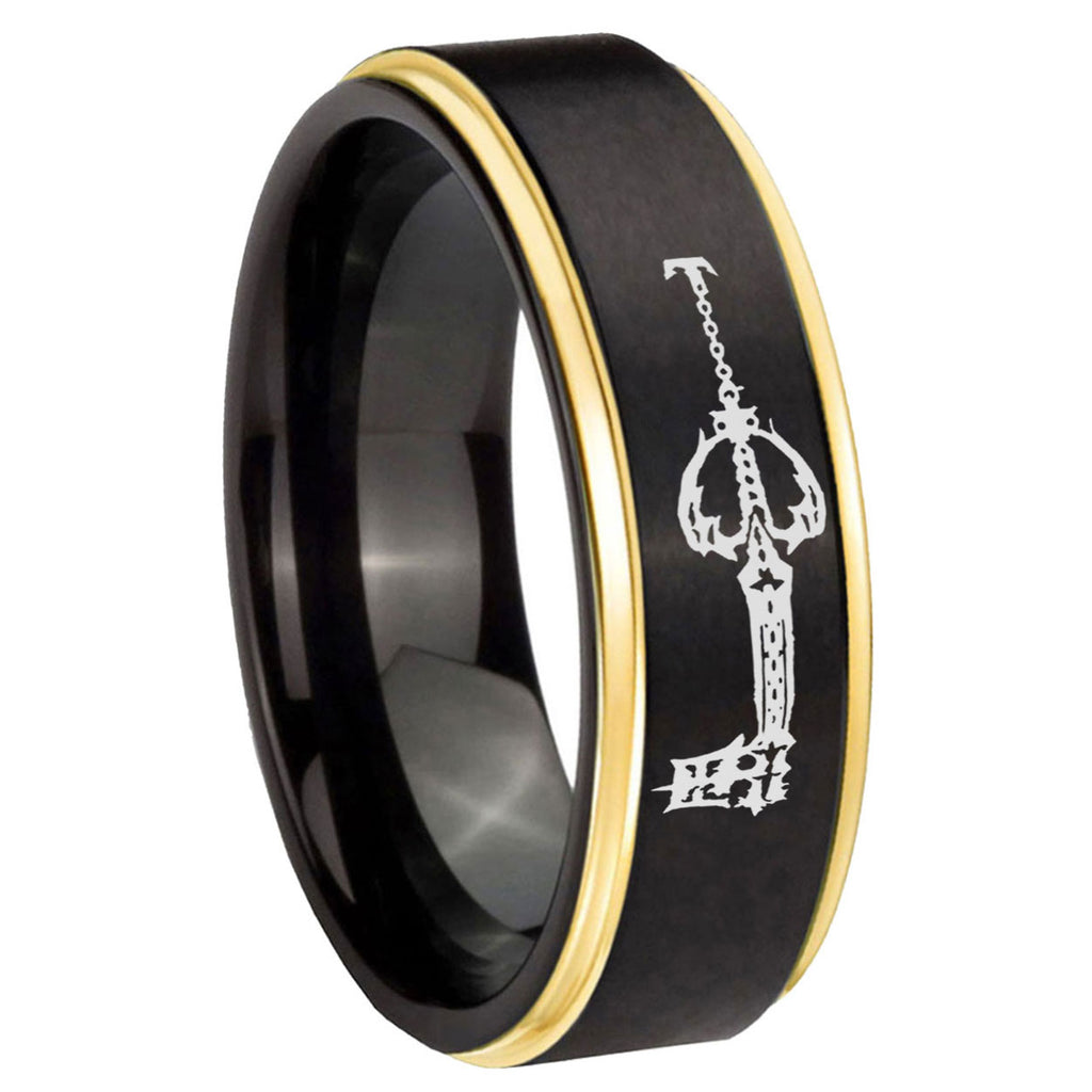 8mm kingdom heart keyblades Gold Step Edge Black Tungsten Ring