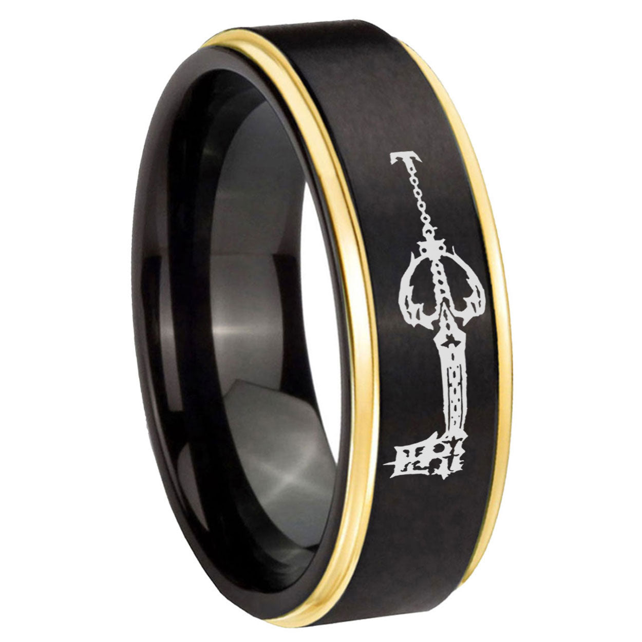 8mm kingdom heart keyblades Gold Step Edge Black Tungsten Ring