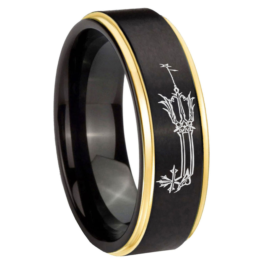 8mm Geekery Oathkeeper Kingdom Hearts Gold Step Edge Black Tungsten Ring