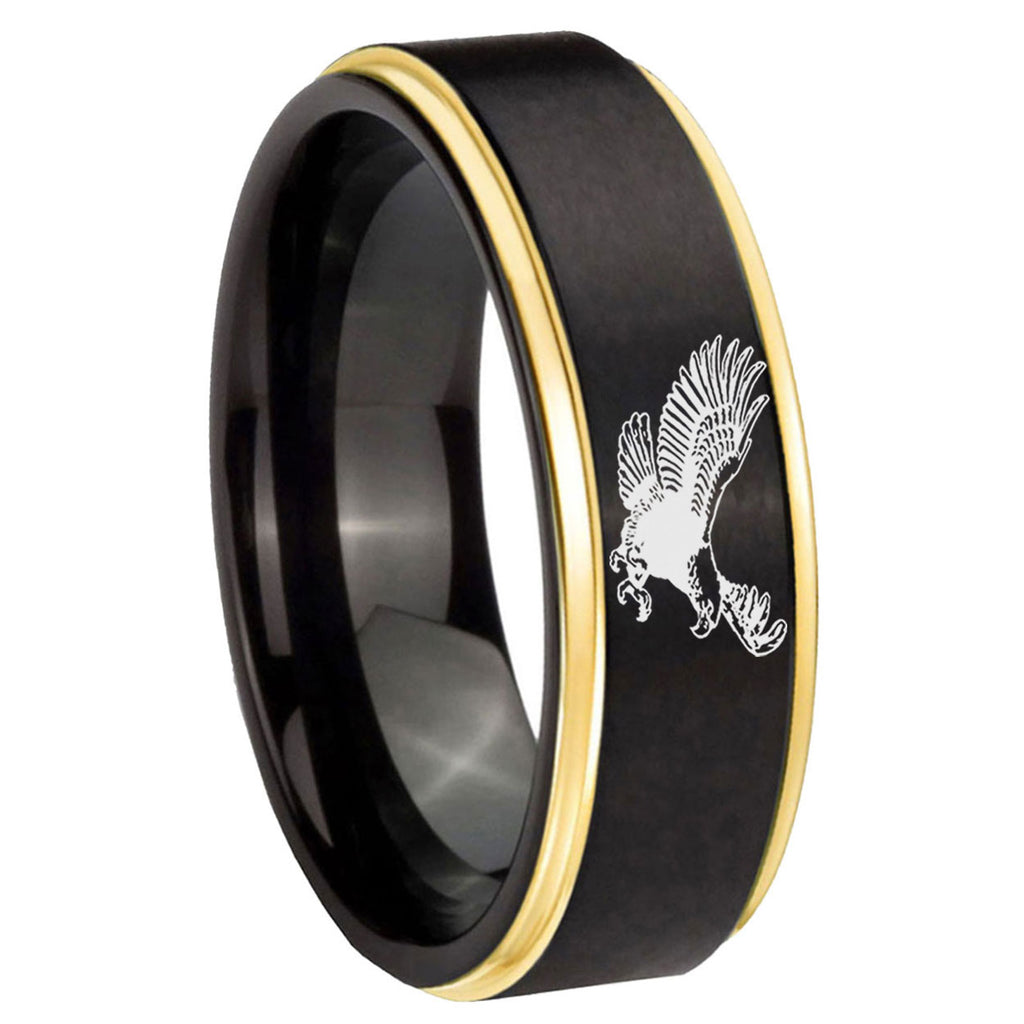 8mm Flying American Eagle Gold Step Edge Black Tungsten Ring