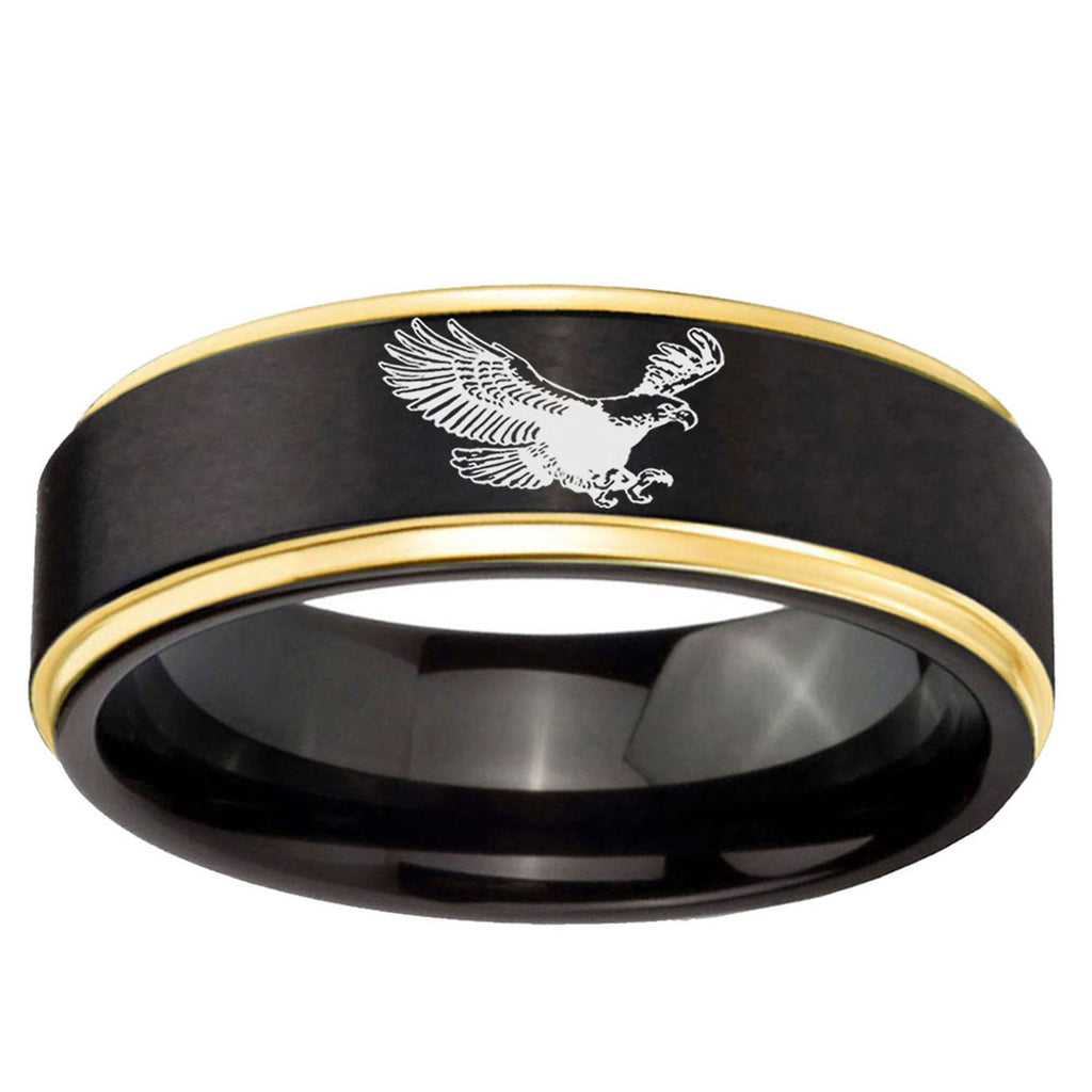 6mm Flying American Eagle Gold Step Edge Black Tungsten Ring