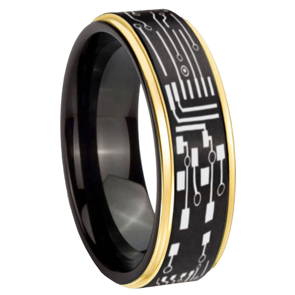 8mm Circuit Board Gold Step Edge Black Tungsten Ring