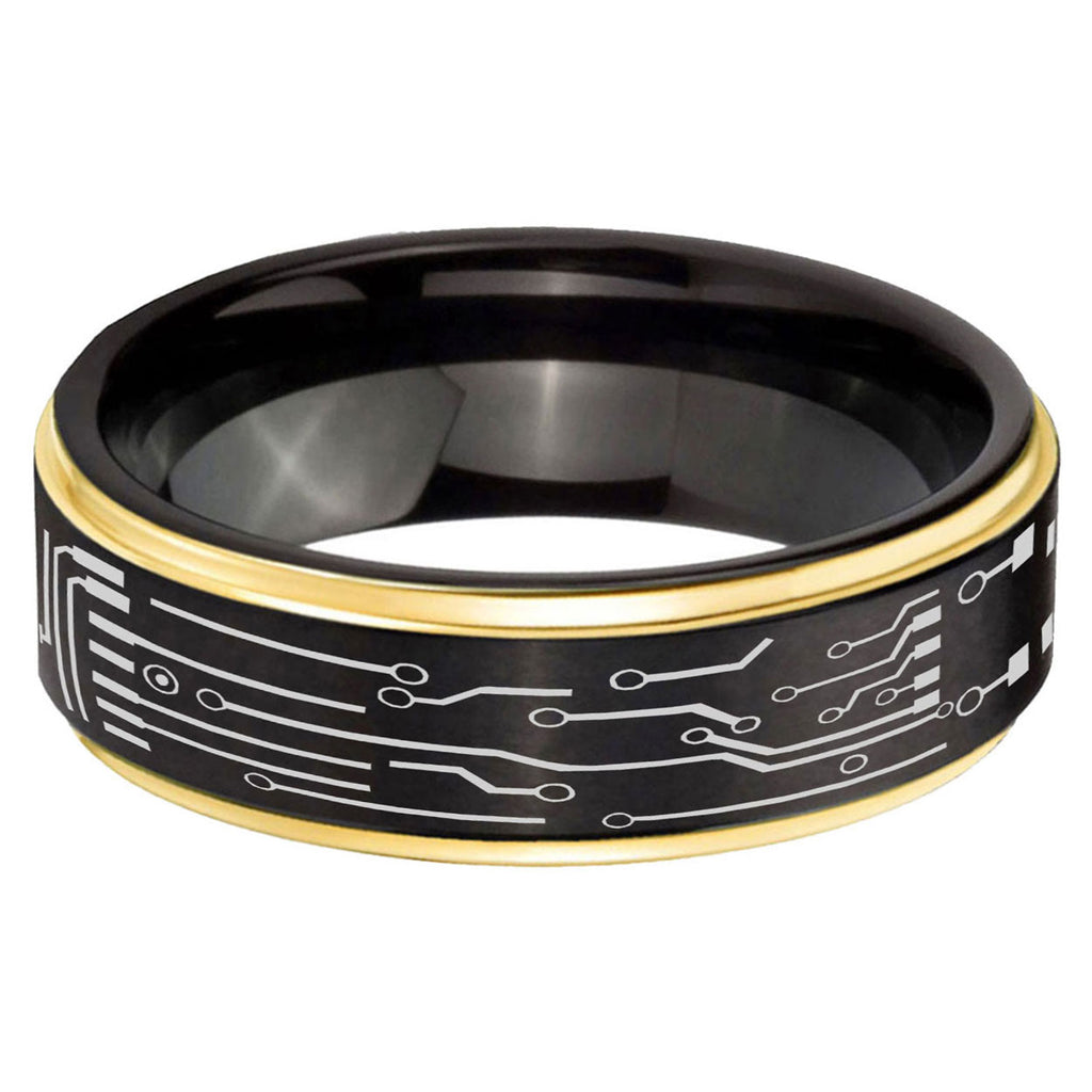 6mm Circuit Board Gold Step Edge Black Tungsten Ring