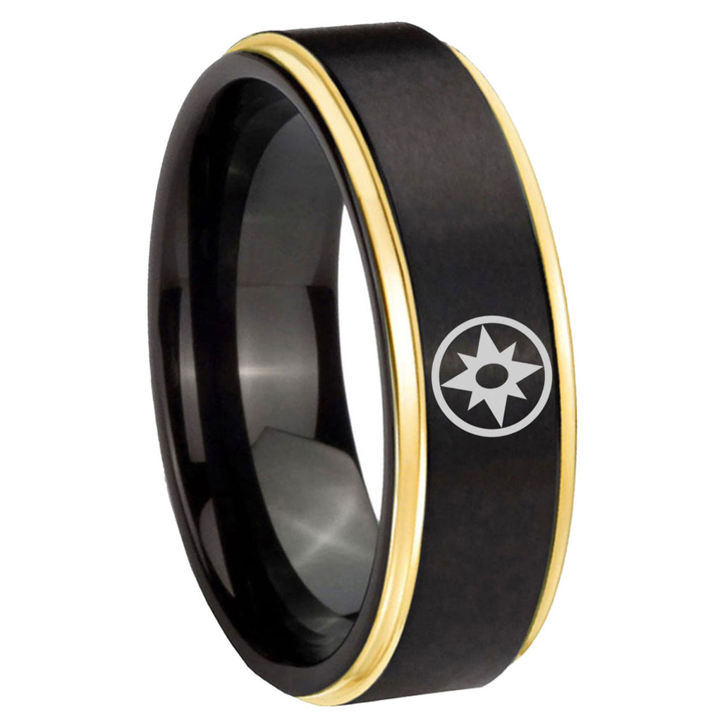 8mm Star Sapphire Lantern Gold Step Edge Black Tungsten Ring