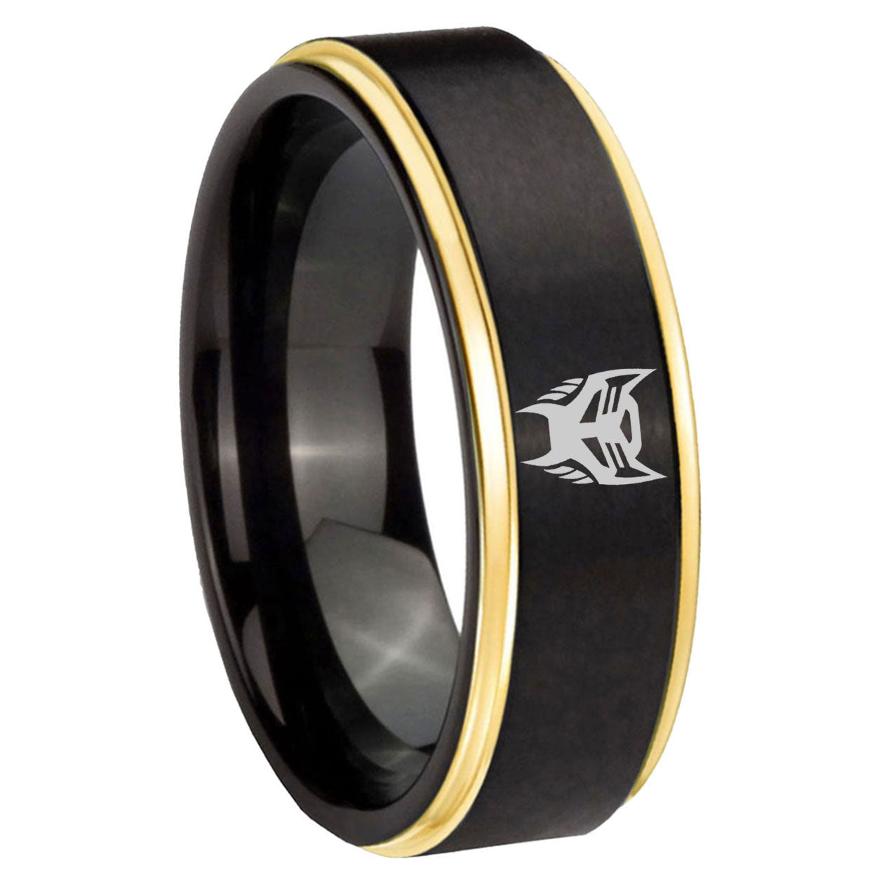 8mm Transformers Insignias Gold Step Edge Black Tungsten Ring