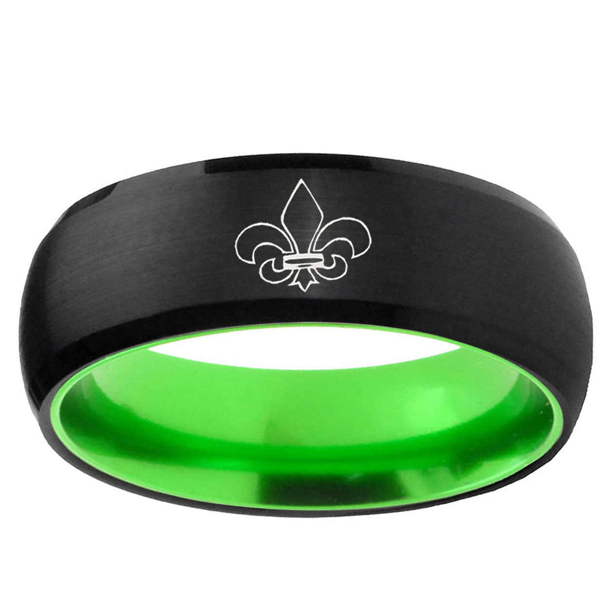 Fleur-De-Lis Dome Black And Green Tungsten Engraved Ring