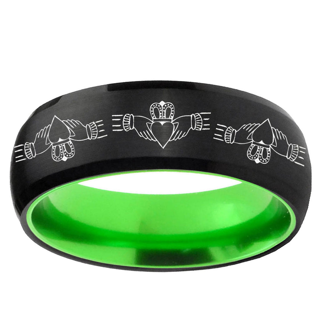 Irish Claddagh Dome Black Green Tungsten Engagement Ring