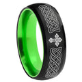 8mm Celtic Cross Dome Black And Green Tungsten Engraved Ring