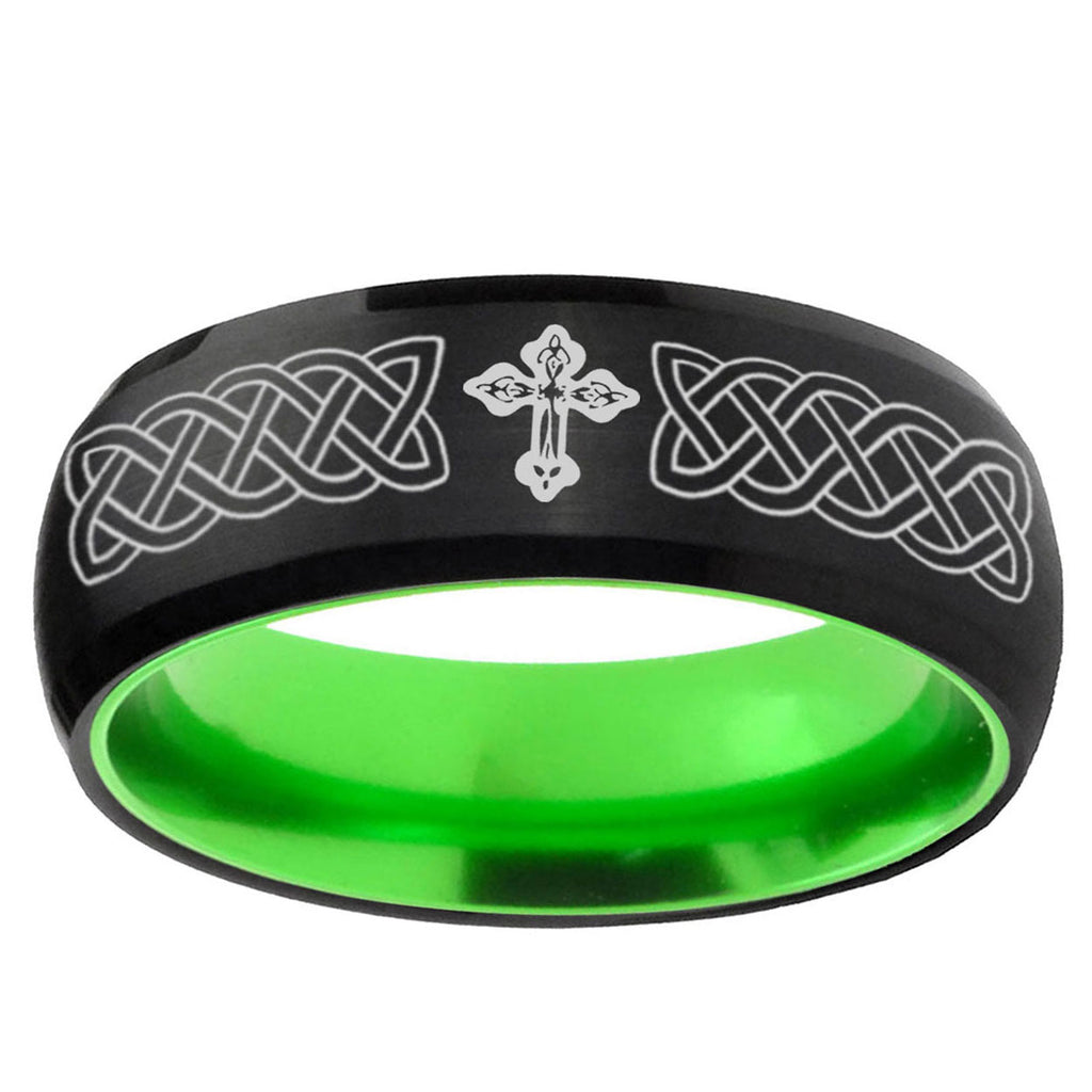 Celtic Cross Dome Black And Green Tungsten Engraved Ring