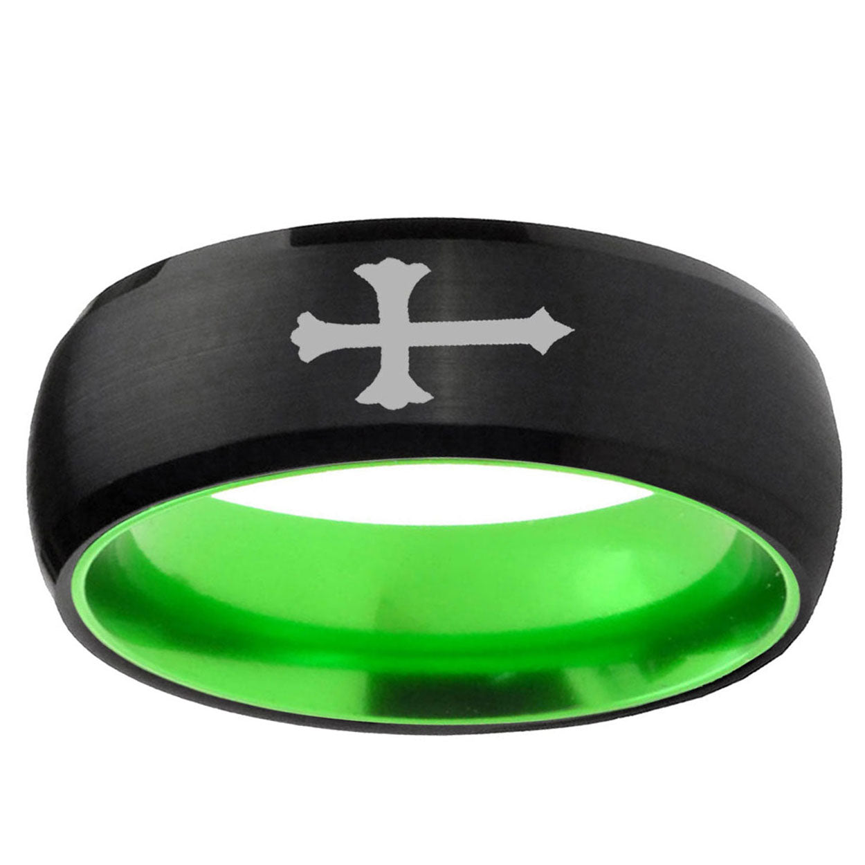 Christian Cross Dome Black Green Tungsten Engagement Band