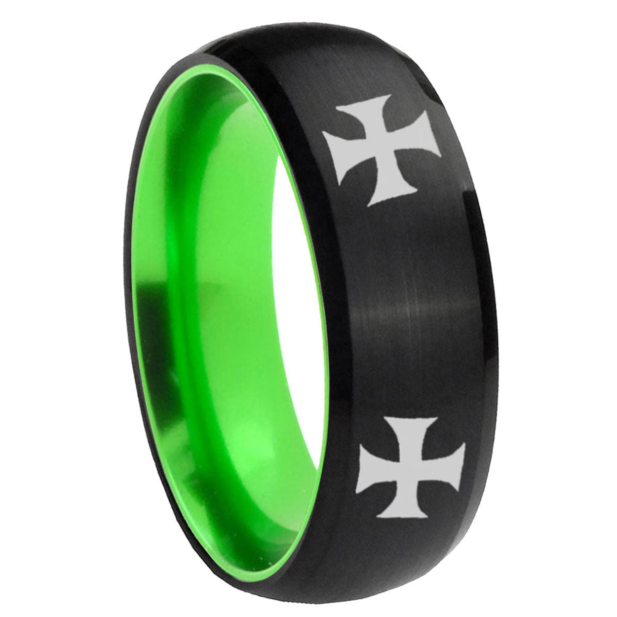 8mm 4 Maltese Cross Dome Black And Green Tungsten Bands Ring