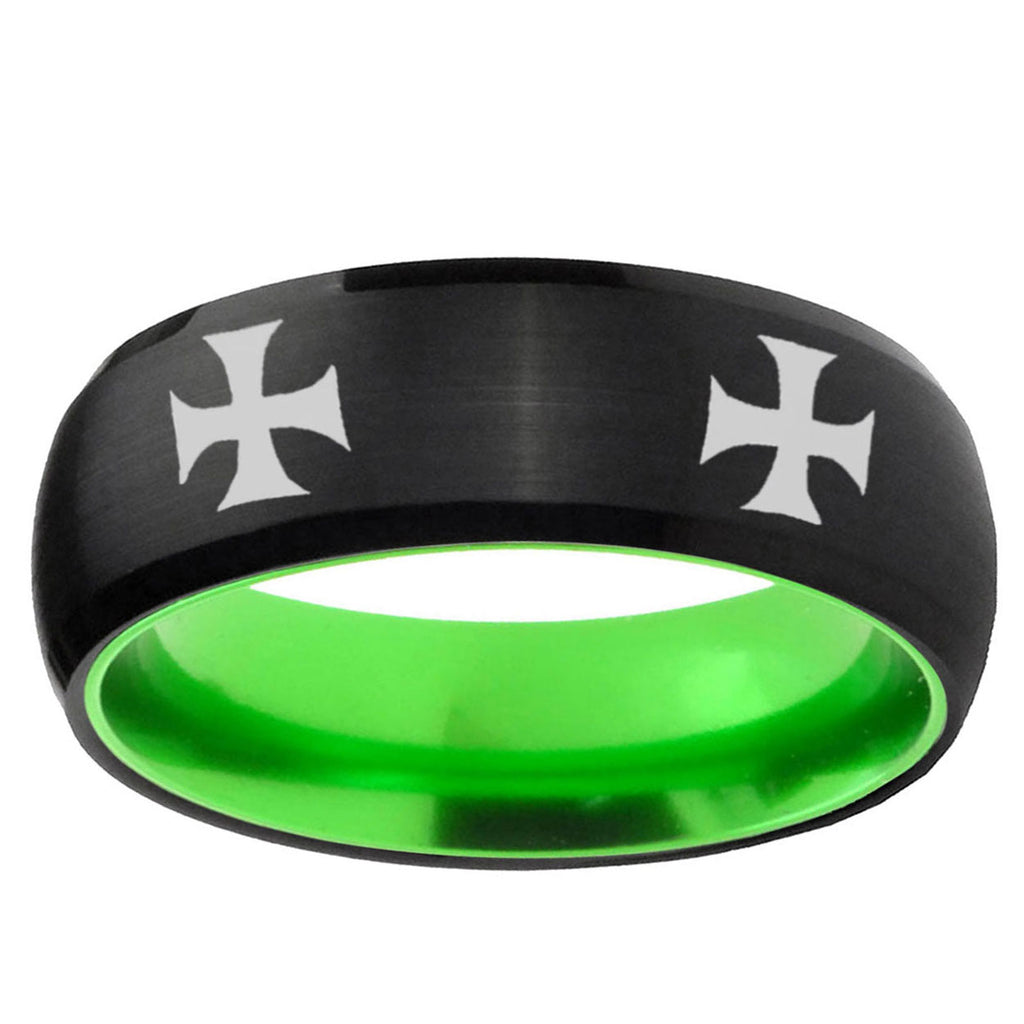 4 Maltese Cross Dome Black And Green Tungsten Bands Ring