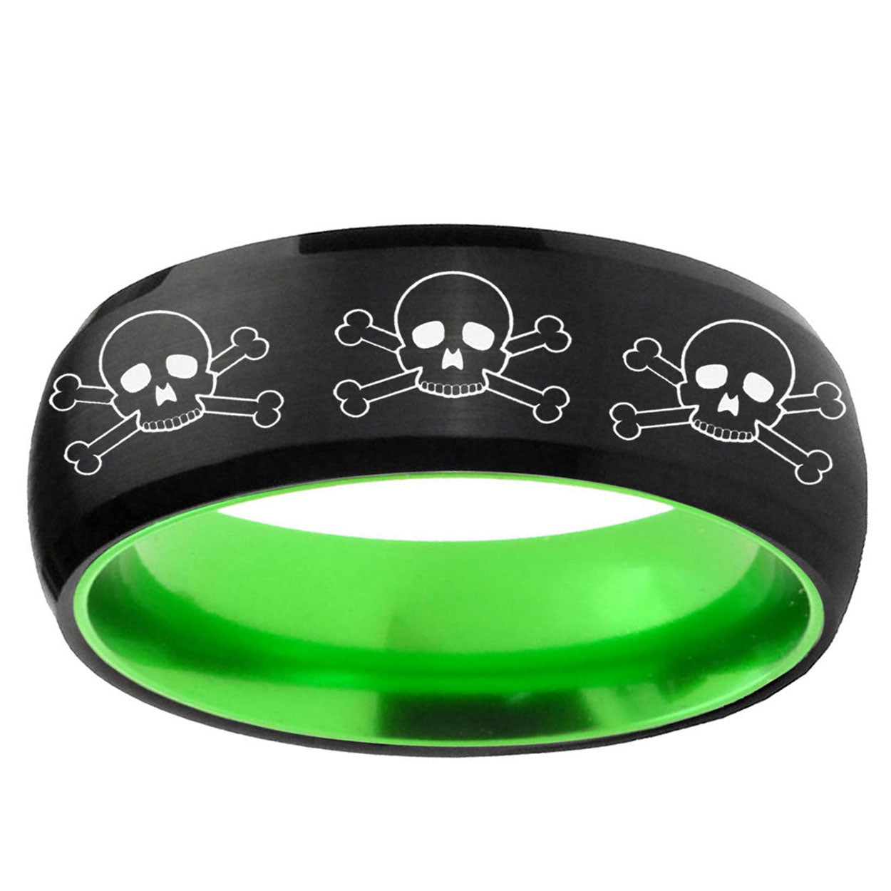 Multiple Skull Dome Black And Green Tungsten Mens Ring