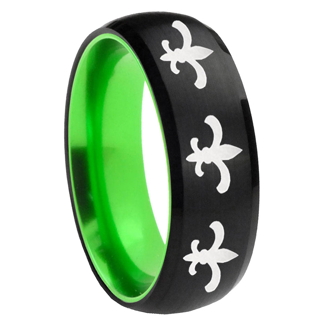 8mm Multiple Fleur-De-Lis Dome Black Green Tungsten Ring
