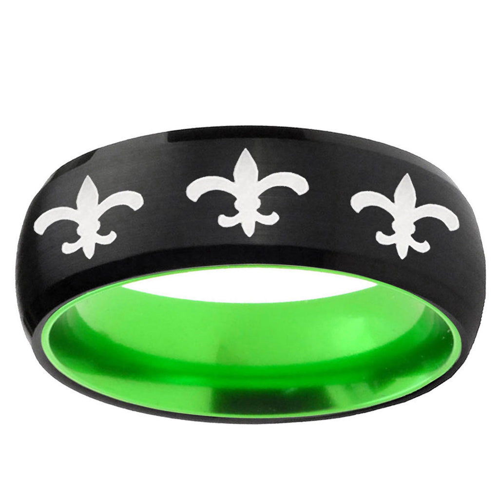 Multiple Fleur-De-Lis Dome Black Green Tungsten Ring
