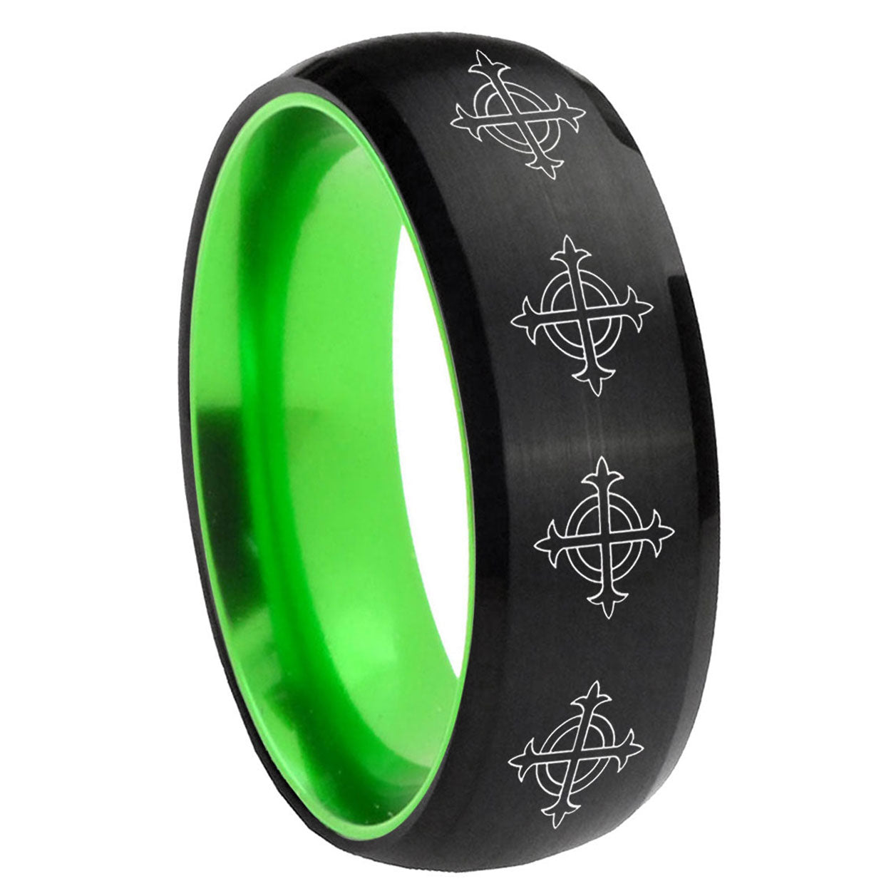 8mm Multiple Crosses Dome Black And Green Tungsten Men Bands