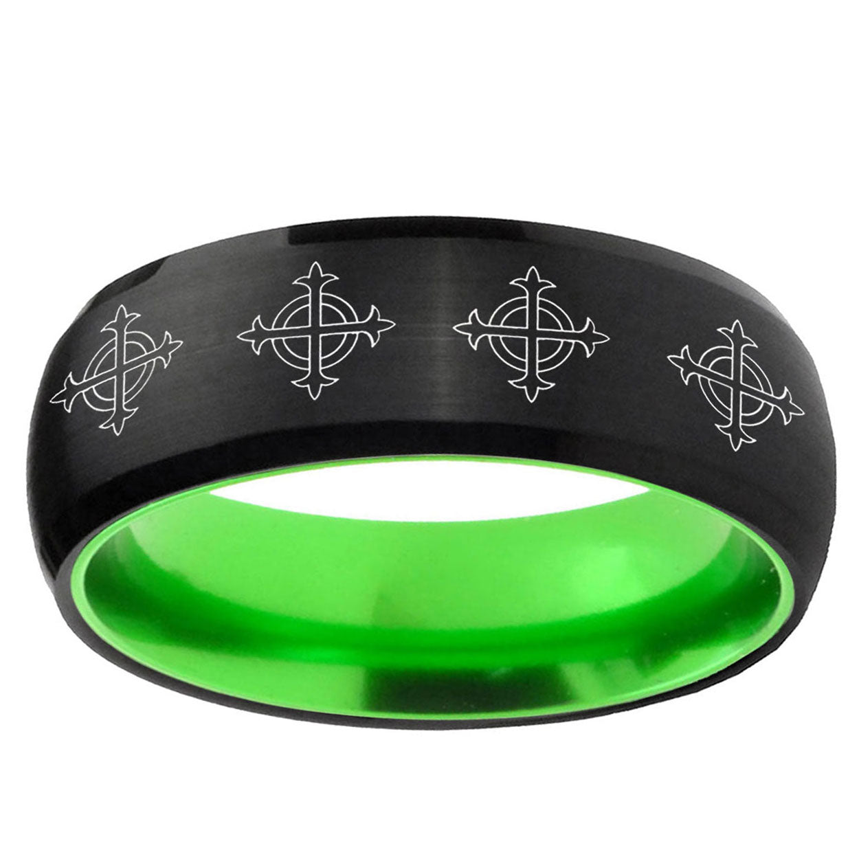 Multiple Crosses Dome Black And Green Tungsten Men Bands