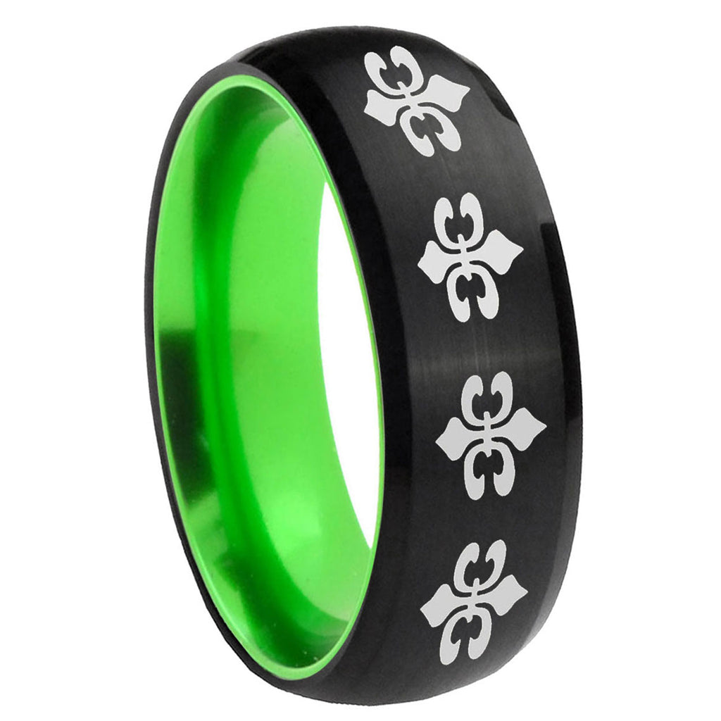 8mm Multiple Fleur-De-Lis Dome Black Green Tungsten Mens Ring