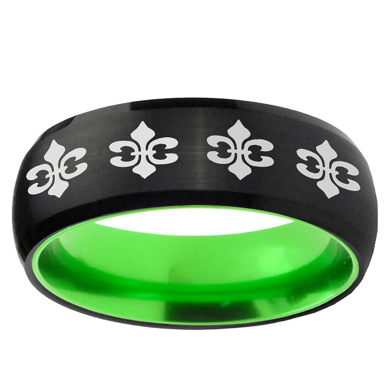 Multiple Fleur-De-Lis Dome Black Green Tungsten Mens Ring