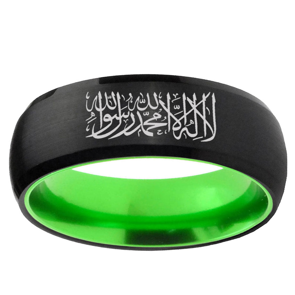 Islamic Shahada Dome Black And Green Tungsten Men's Ring