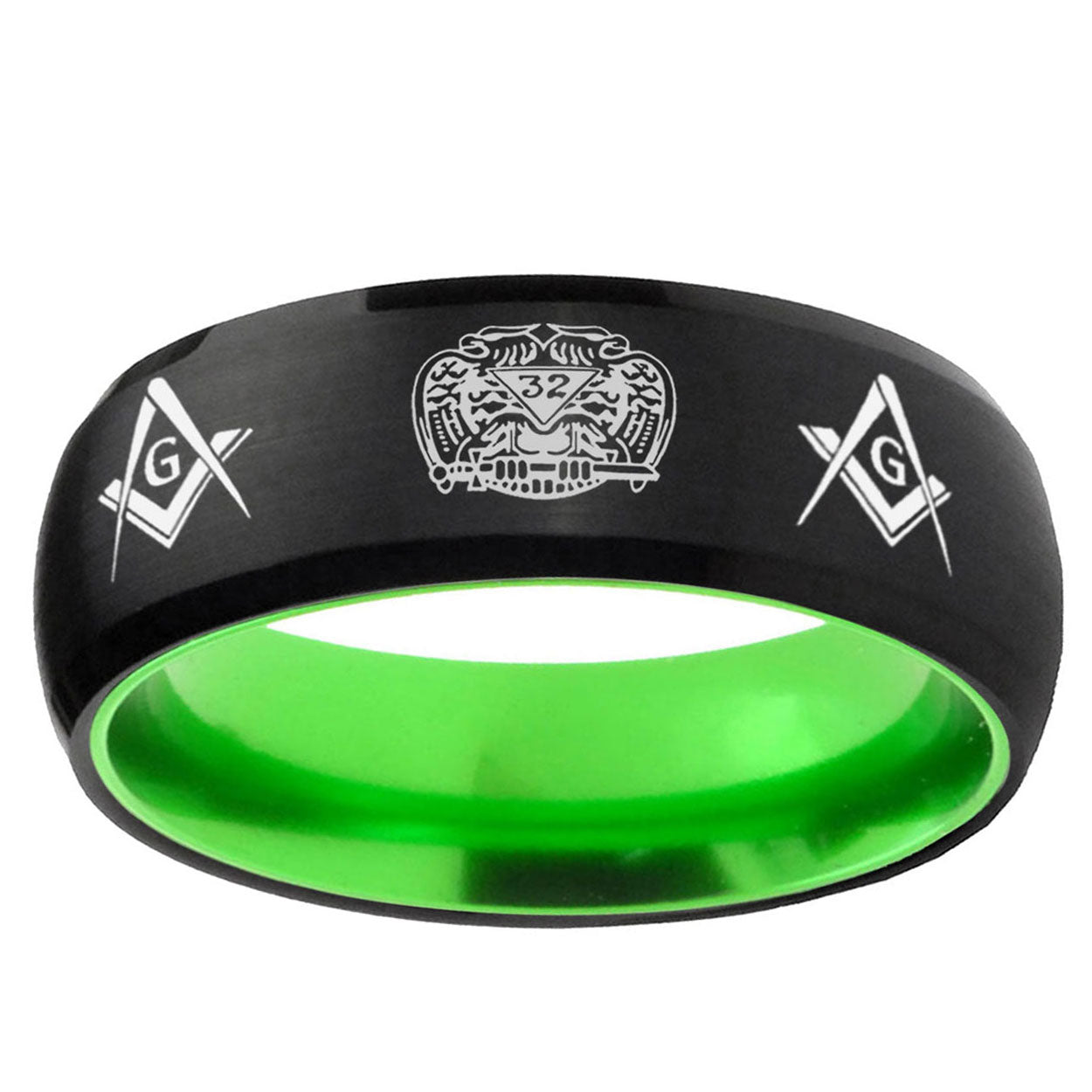 Masonic 32 Design Dome Black Green Tungsten Engagement Ring