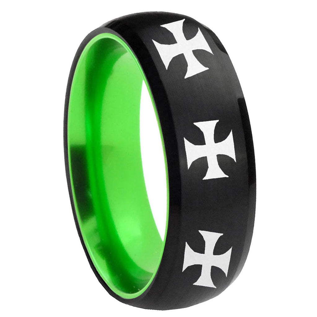 8mm Multiple Maltese Cross Dome Black And Green Tungsten Ring