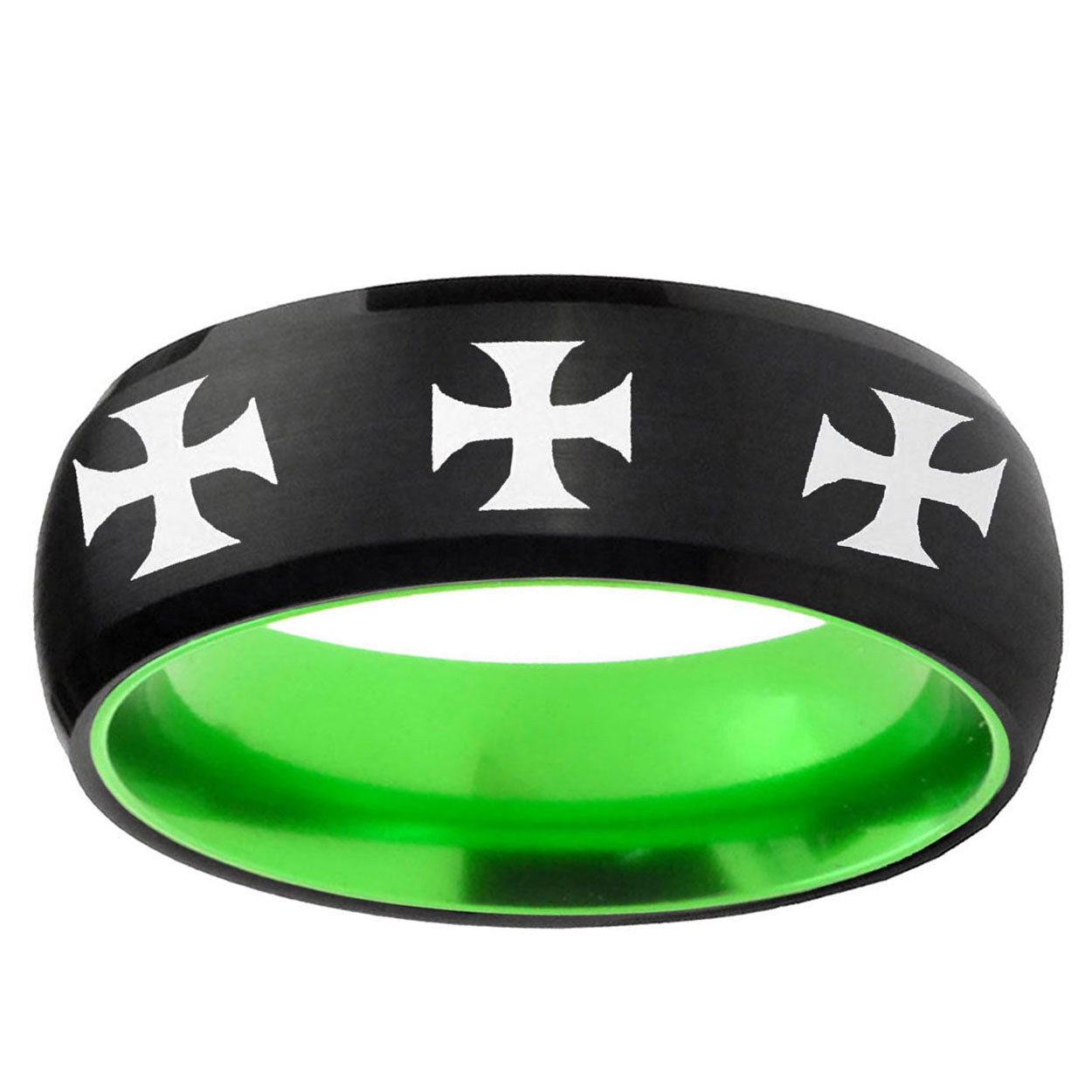 Multiple Maltese Cross Dome Black And Green Tungsten Ring