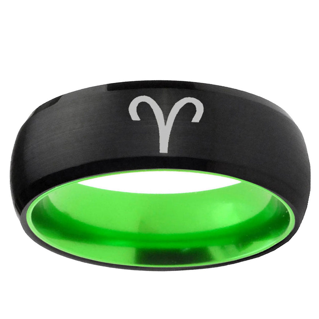Aries Zodiac Dome Black And Green Tungsten Wedding Band