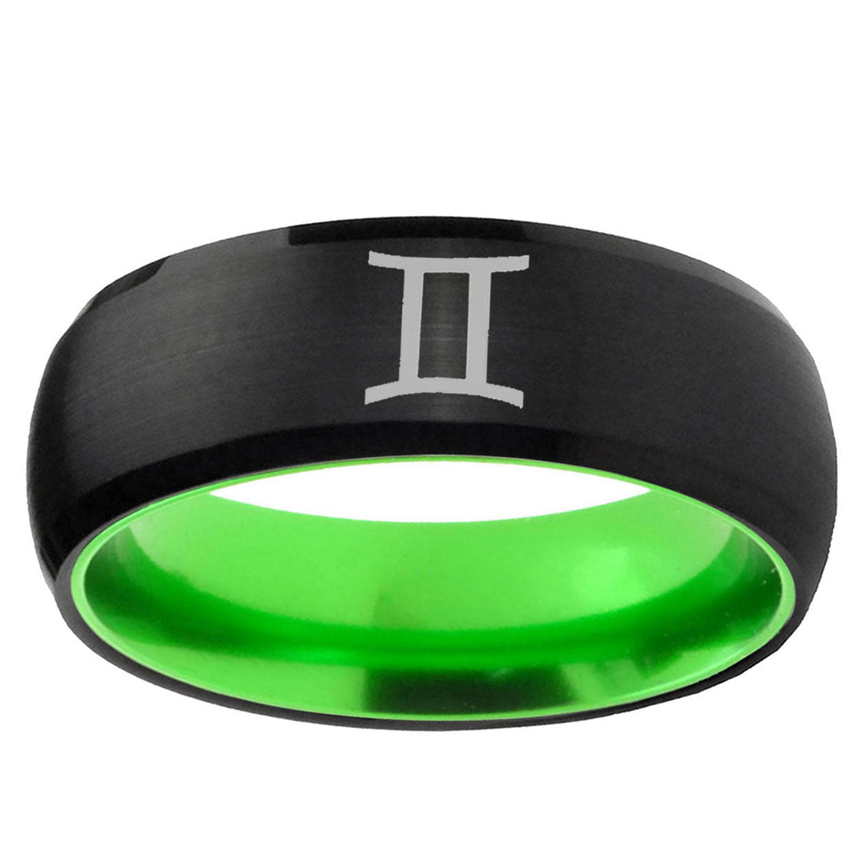 Gemini Zodiac Dome Black And Green Tungsten Engraved Ring
