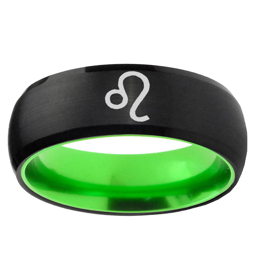 Leo Zodiac Dome Black And Green Tungsten Anniversary Ring