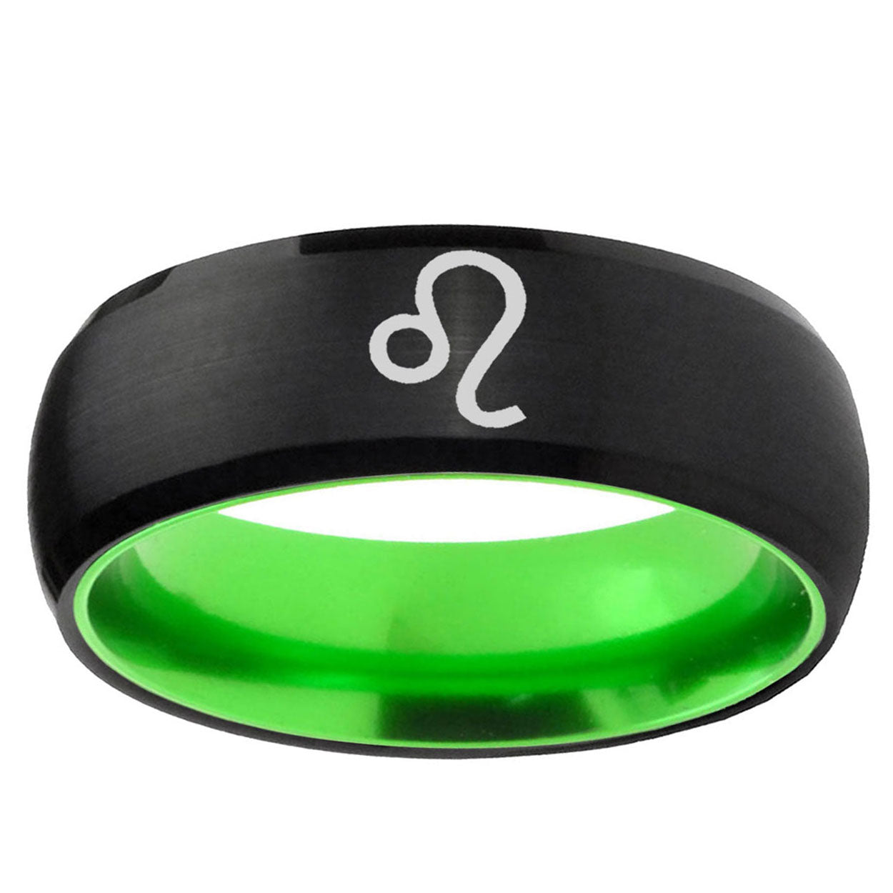 Leo Zodiac Dome Black And Green Tungsten Anniversary Ring