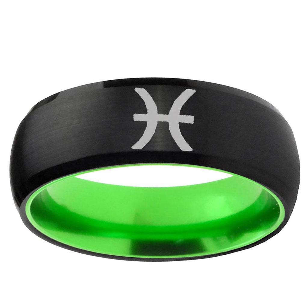 Pisces Zodiac Dome Black And Green Tungsten Custom Ring